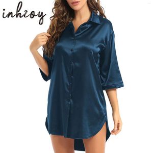 Nachtkleding voor dames Satijnen nachthemden voor dames Zijden sleepshirt Slaapjurk met knopen en lange mouwen Boyfriend Notch Collar