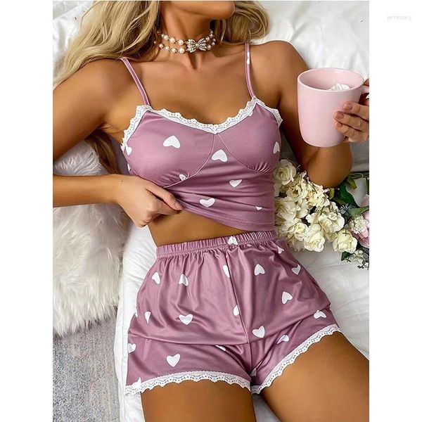 Ropa de dormir para mujer, lencería Sexy con estampado de encaje, sin mangas, con cuello en V, Babydoll, conjunto de pijamas, Tops, pantalones cortos, sujetador, pantalones cortos, ropa de dormir