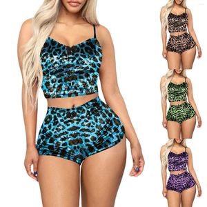 Dames slaapkleding dames sexy fluweel 2 stuks luipaard print outfit mouwloze crop top camisole shorts home night slip slaap pyjama femme