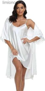Dames Nachtkleding Dames Zijde Satijn Pyjama 2 Stuks Sexy Zijdeachtige Pj Gewaad Set met Chemise NachtjaponC24319