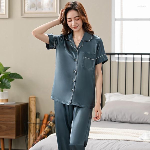 Ropa de dormir para mujer Pijamas de satén de seda para mujer Conjunto de pijamas de verano de manga corta con solapa Cardigan Big Yards Sexy Loungewear M L XL XXL 3XL