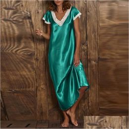 Nachtkleding voor dames Slee-jurk met korte mouwen V-hals Homewear Lange nachthemden Los huispak Nuisette Femme Drop Delivery Apparel Dhwtt
