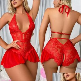 Dames slaapkleding dames slaapkleding open kruis lingerie vrouwen kanten transparante pyjama's set y diep v bra crotchless pyjama erotische nacht otrpm