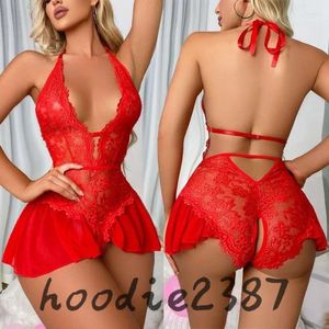 Dames slaapkleding dames slaapkleding open kruis lingerie vrouwen kanten transparante pyjama's set sexy diep v bh -crotchless pyjama erotische nachtdress