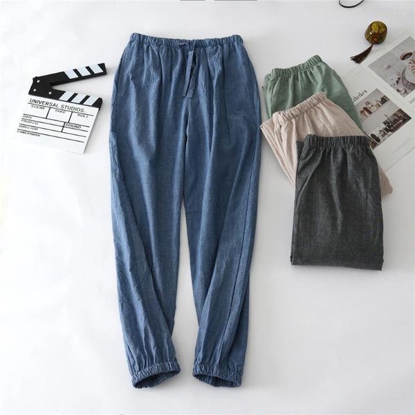 Ropa de dormir para mujer Primavera Otoño Pijamas para hombres Algodón lavado Lino Sólido Cintura elástica Pantalones sueltos para dormir Pantalones de pijama para mujer Inicio