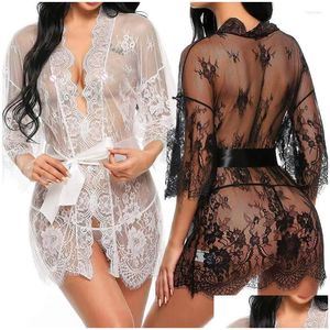 Vêtements de nuit pour femmes Femmes Y Femmes Lingerie Dentelle Robe de nuit Chemise de nuit Bandage Deep V G-String Voir à travers Sheer Sleep Robe Drop Deliver Dhd70