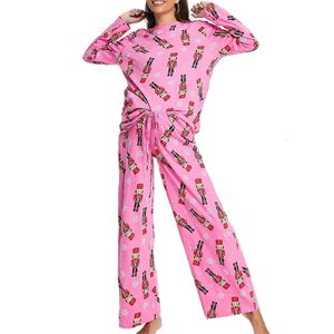 Dames nachtkleding Xingqing Notenkraker Kerstpyjama y2k Dames Loungewear Print Ronde hals T-shirt met lange mouwen Tops en broeken Roze 231213