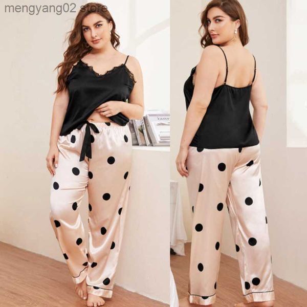 Ropa de dormir para mujer XL-4XL Para mujer 2PCS Conjunto de dormir Pijama de encaje Traje de verano Ropa de dormir de satén Ropa interior íntima Pijamas sueltos Pantalones con cuello en V Ropa de dormir T230523