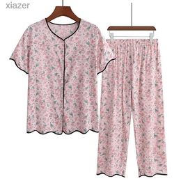 Dames slaapkleding XL-5XL Gedrukte pyjama-set voor middelbare leeftijd en oudere moeders V-hals korte mouwen Negen puntbroek Set Plus size pyjama's Dames huiskleding WX
