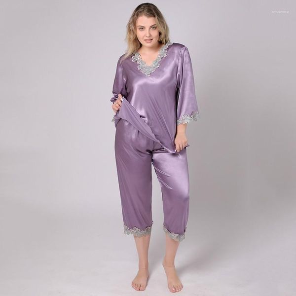 Vêtements de nuit pour femmes, garniture en dentelle, 2 pièces, pyjama, printemps été, col en v, vêtements de maison amples, manches 3/4, vêtements de nuit en Satin, XL-6XL