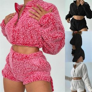 Vêtements de nuit pour femmes XS-XXXL Plus Size Plush Loungewear Femmes Zipper Moelleux Deux Pièces Velours Crop Tops Shorts Costume De Sport Streetwear Survêtement