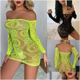 Sleeples pour femmes Y Femmes Robe Robe Fishnet Babydoll Lingerie Wrap Mini Lace Lace Floral See-Through Hollow Out Nightwear Drop Livrot Dhsea