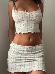 Veilleuses pour femmes Y2K 00S PAJAMA VINTAGE SETS FEMMES KAWAII IMPRESSION FLORAL 2 PIÈCES Set Bow Camisole Crop Tops Mini Pijama