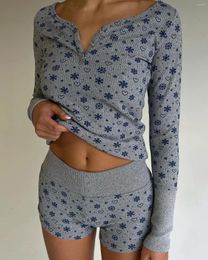 Vêtements de nuit pour femmes y2k 2 pièces pyjama ensembles femmes imprimées floraux en dentelle rond coul à manches longues shorts haut haut