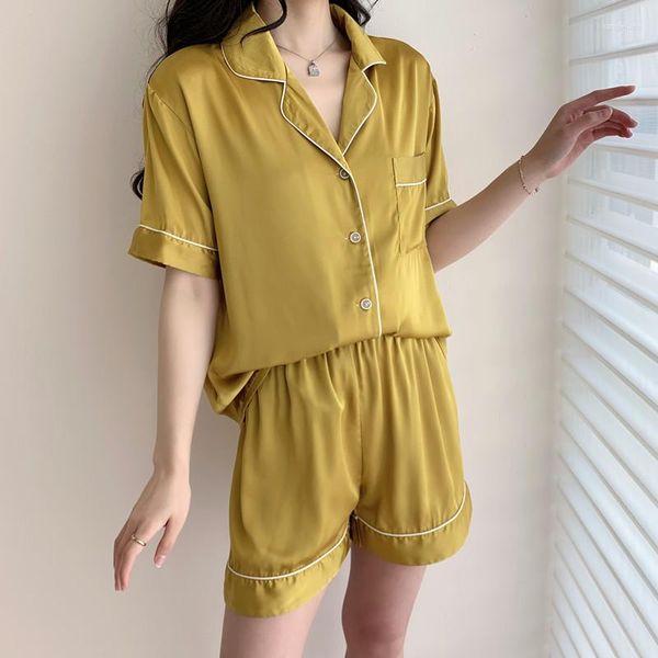 Pijama de satén amarillo para mujer, conjunto de pijamas de niña dulce, pijama de verano, camisa de manga corta, pantalones cortos, traje, ropa informal para el hogar, lencería