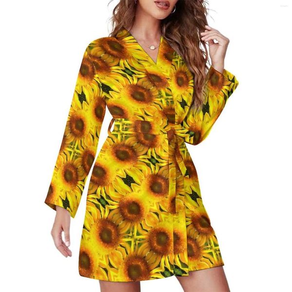 Vêtements de nuit pour femmes Robe de pyjama tournesol jaune Col en V Imprimé floral Peignoir Femme Manches longues Pyjamas sexy Robes Printemps Robe décontractée