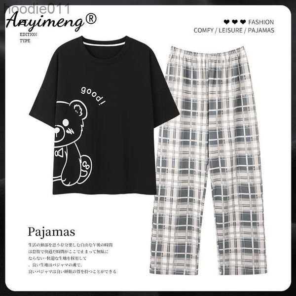 Ropa de dormir para mujer Conjuntos de pijamas de verano para mujer joven Pijamas de algodón con estampado de conejo fresco Pantalones largos de manga corta para mujer Kawaii Pjs L230919