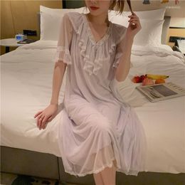 Ropa de dormir para mujer, camisón de princesa con adorno de volantes para mujer joven, camisón largo de verano de malla, vestido informal morado con cuello en V Sexy para casa