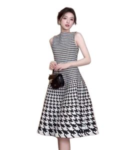 Vrouwen mouwloze casual jurken schuine hals zwart wit pied-de-poule geruite gordel print hoge taille baljurk knielengte vestidos SMLXLXXL