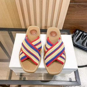 designer sliders platform dia's pantoffels glijbaan nieuw net rood Letter-stijl wollen lint geweven vierkante neus kleur bijpassende slippers slippers met platte bodem strandsandalen