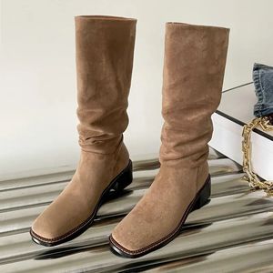 Женские сапоги до колена с напуском, замшевые туфли на широком каблуке, длинные туфли с квадратным носком на толстом каблуке, брендовый дизайн, зима, большие размеры 42 231225