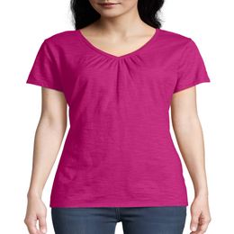 T-shirt à col en V froncé en jersey flammé pour femme