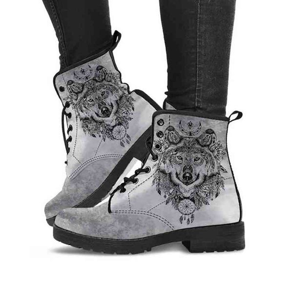 Bottes de neige pour femmes Squelette Violtje Crâne Moto Talons Bas Rétro Cuir Pu Chaud Hiver 220805