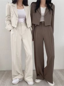 Women's Solid Casual Suits Blazer Jacket Wide Leg High Waist Pants Office Lady Autumn Spring Crop Tops Coats Two Piece Sets 240115