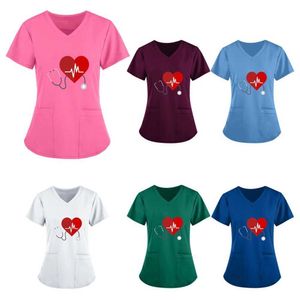 Women's Solid Colors Nurse T-shirt Blouses Clothing Summer Short Sleeve Nurse Protective Work Clothes V-neck Shirt With Large Pocket GQ2MSPM