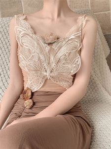 Femme spaghetti sangle gaze tissu design grand papillon rose fleur broderie moulante bustier réservoirs courts camis SM