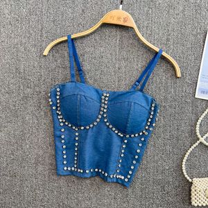 Bretelles spaghetti pour femmes jeans en denim rembourrés strass patchés sexy bustier débardeurs camisoles