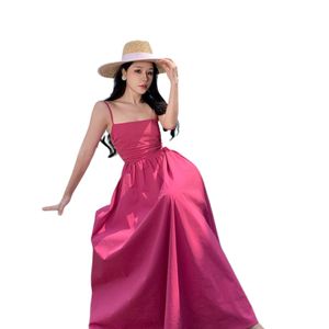 Roze damesjurk met spaghettibandjes, hoge taille, hoge taille, hoge taille, strandvakantie, maxi-jurk SML