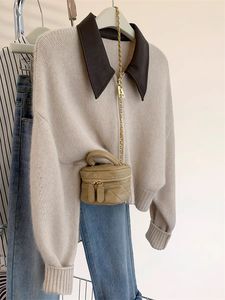 Cardigan tricoté en cuir à col rabattable pour femme, manteau court, doux et gluant, nouvelle combinaison, printemps et automne