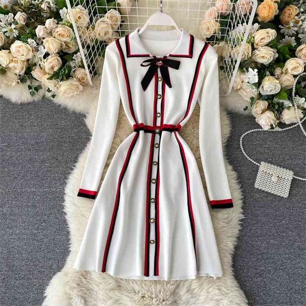Robes d'automne de printemps pour femmes boutonnées à manches longues robe tricotée courte coréenne a-ligne femme LL117 210506