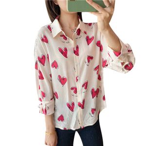 Blusas de chifón estilo primavera otoño para mujer, camisa de manga larga con cuello Peter Pan, blusas informales coreanas estampadas con botones DF3905 210609