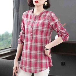 Dames lente herfst stijl katoen blouses shirt dames oneck lange mouw knop plaid Koreaanse elegante tops dd9114 210401