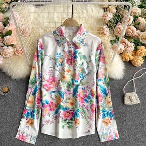 Dames Lente Fashion Blouse Chiffon Retro Print Draai Colonial Long Sleeve Resort Style D0112 210506