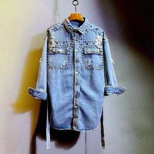 Jeans en denim à col rabattu pour femmes, nouveau manteau de chemise décontracté avec rivets et trous déchirés, ceintures mi-longues, printemps