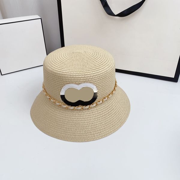 Sombrero de pescador de diseñador de primavera/verano para mujer, protección solar para viajes de vacaciones, sombrilla, sombrero de paja con cadena de Metal transpirable