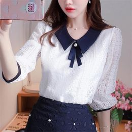 Dames lente zomerstijl chiffon blouses shirt shirt dames vneck boog patchwork halve mouw elegante kanten tops sp8676 210401