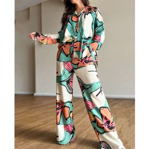 Ensemble deux pièces pour femmes, pantalon à jambes larges, chemise imprimée, décontracté, ample, Vintage, Boho, travail, Streetwear, costume Y2k, printemps, 230215