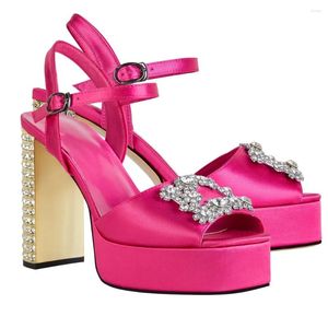 Sandalias con hebilla cuadrada y diamantes de imitación para mujer, zapatos de plataforma, tacones altos de verano para mujer, zapatos de tacón crudo de cristal sexis 5