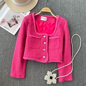 Chaqueta de tweed de color rosa con cuello cuadrado para mujer abrigo corto de lana de cintura delgada SML