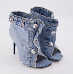 Bottines courtes en Denim à talons Ultra hauts pour femmes, tête carrée, bouche de poisson, bout ouvert, décoration de boutons personnalisée, bottines courtes, taille 35-45