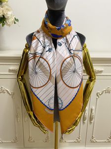 Bufanda cuadrada para mujer, bufandas, chal, 100% sarga, material de seda, color amarillo, letra pinta, patrón de bicicleta, tamaño 130cm - 130cm