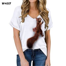 Camiseta de ardilla para mujer Precioso gráfico T Animal Impresión 3D Algodón con cuello en V Tops lindos Chicas Camisetas para mascotas 220328