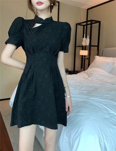 Dames opstaande kraag cheongsam casual jurken bladerdeeg korte mouw zwarte kleur jacquard geweven slanke taille korte vestidos SMLXL