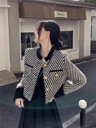 Women's stand collar knitted stripe pattern short sweater coat cardigans SMLXLXXL