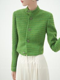 Veste en laine tweed col montant femme couleur unie taille slim manteau court SML