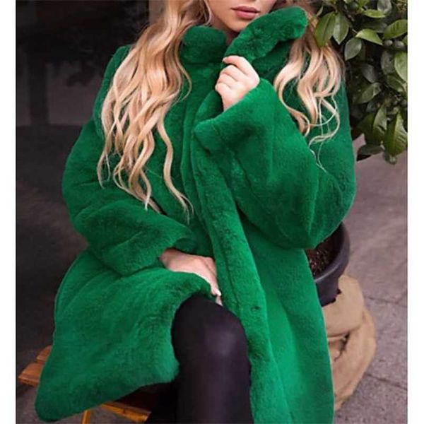 Abrigo de piel artificial de invierno con cuello levantado para mujer Vestido de calle diario de color sólido largo Negro Amarillo Verde S Ml 211207